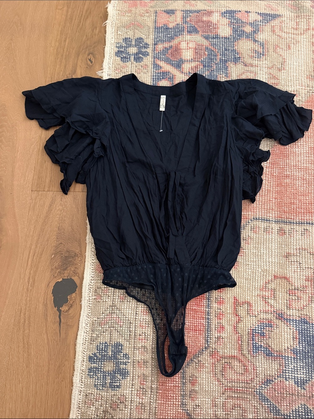 Free People Navy Ruffle Sleeve Bodysuit